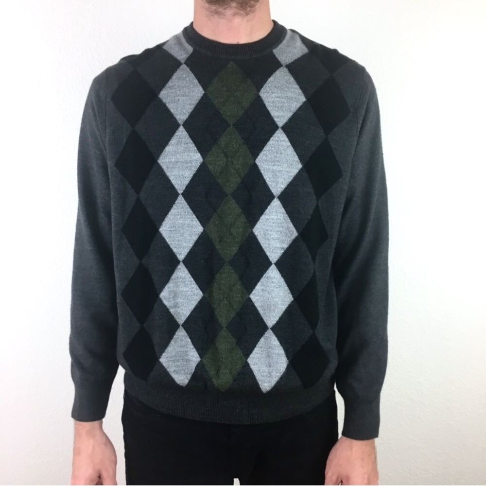 Gray Green Crewneck Sweater Argyle Plaid - Picture 1 of 6